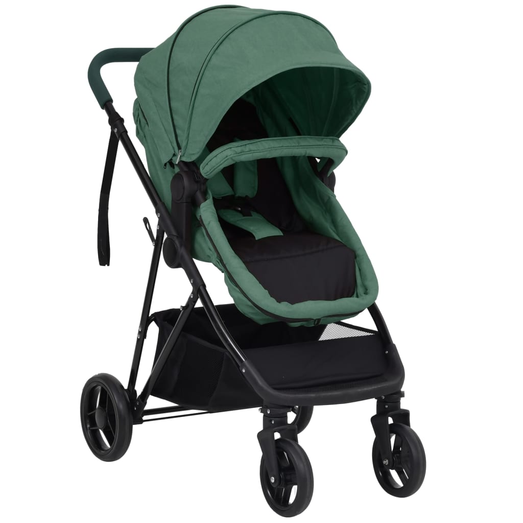 Бебешка количка 3-в-1, зелено и черно, стомана