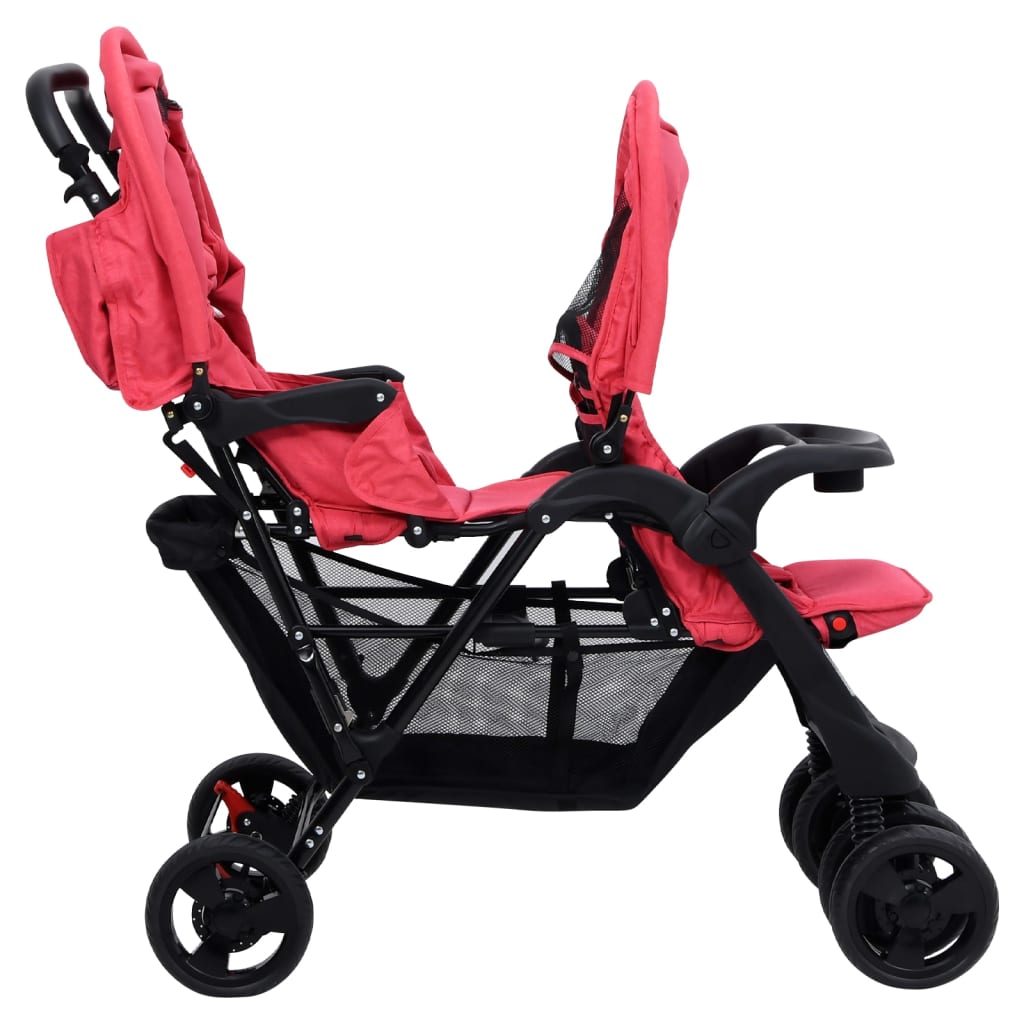 Тандемна количка за близнаци, червена, стомана