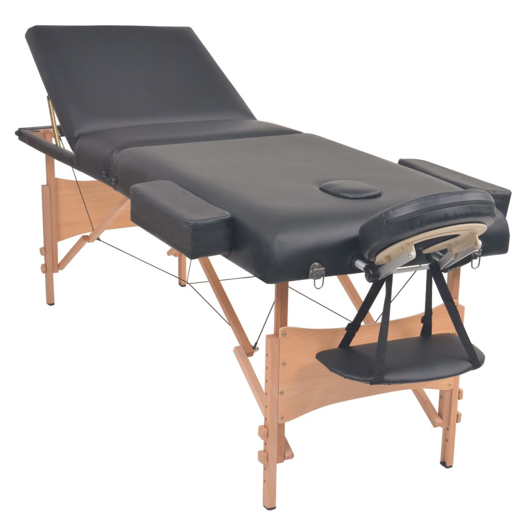 Сгъваема масажна кушетка с 3 зони и столче, 10 см пълнеж, черна