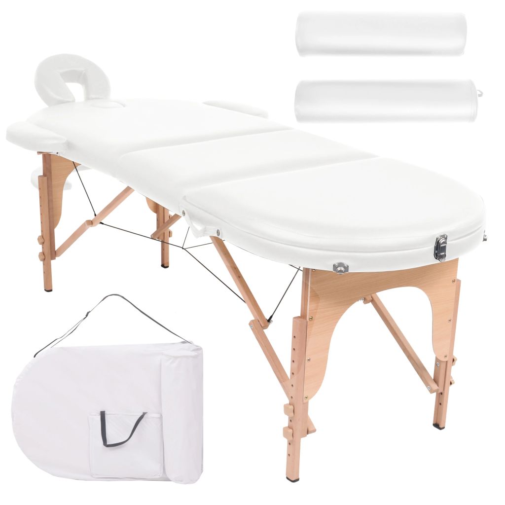 Сгъваема масажна маса, 4 см пълнеж, с 2 овални болстера, бяла