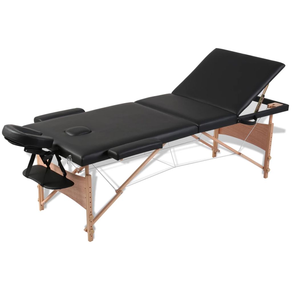 Черна сгъваема масажна кушетка 3 зони с дървена рамка