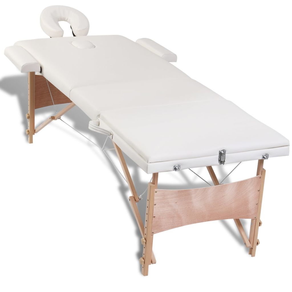 Кремавобяла сгъваема масажна кушетка 3 зони с дървена рамка