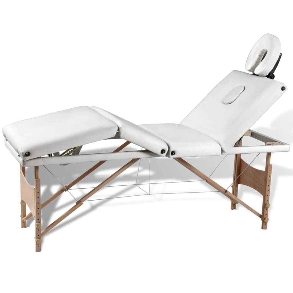 Кремавобяла сгъваема масажна кушетка 4 зони с дървена рамка