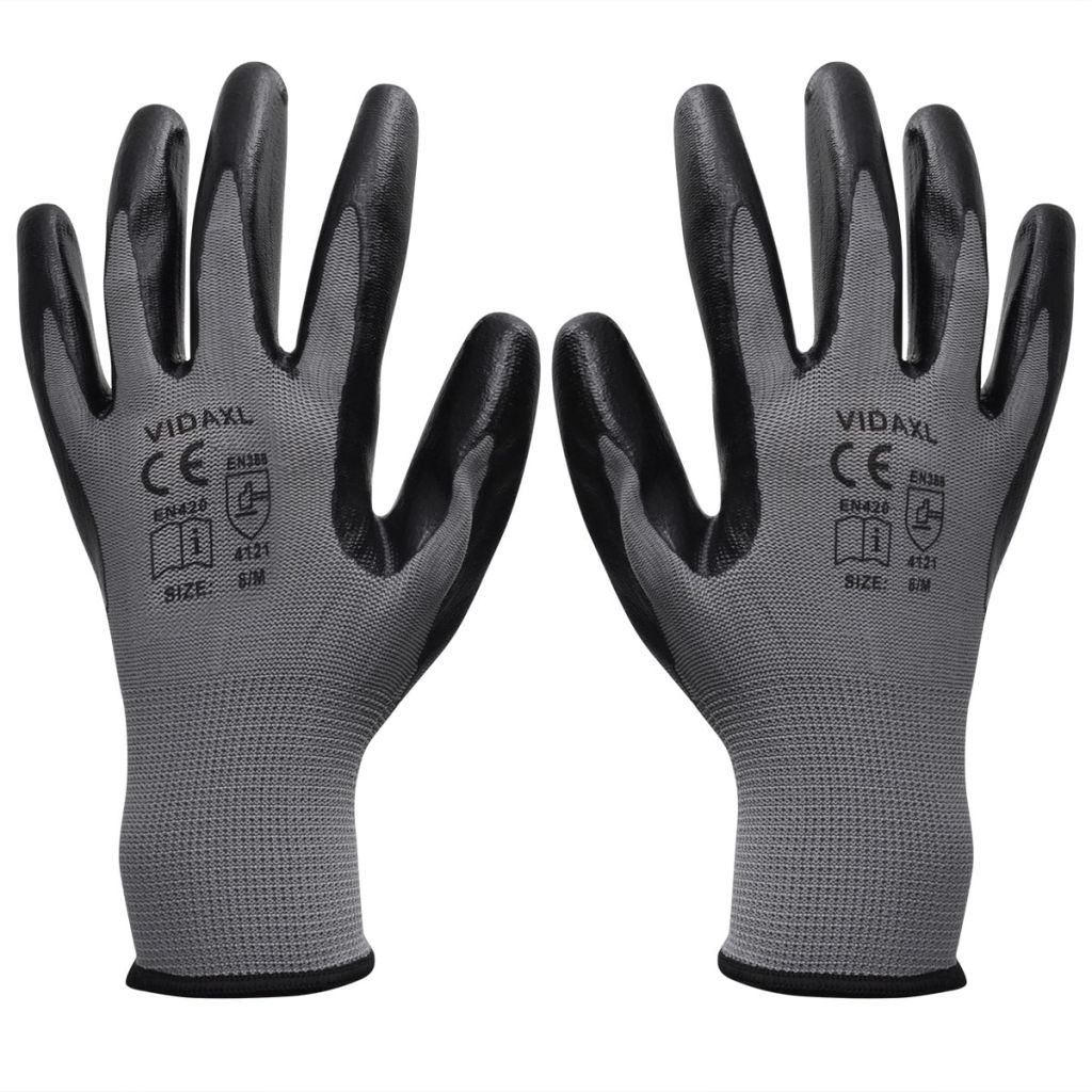 Работни ръкавици, от нитрил, 24 чифта, сиво и черно, размер 9/L
