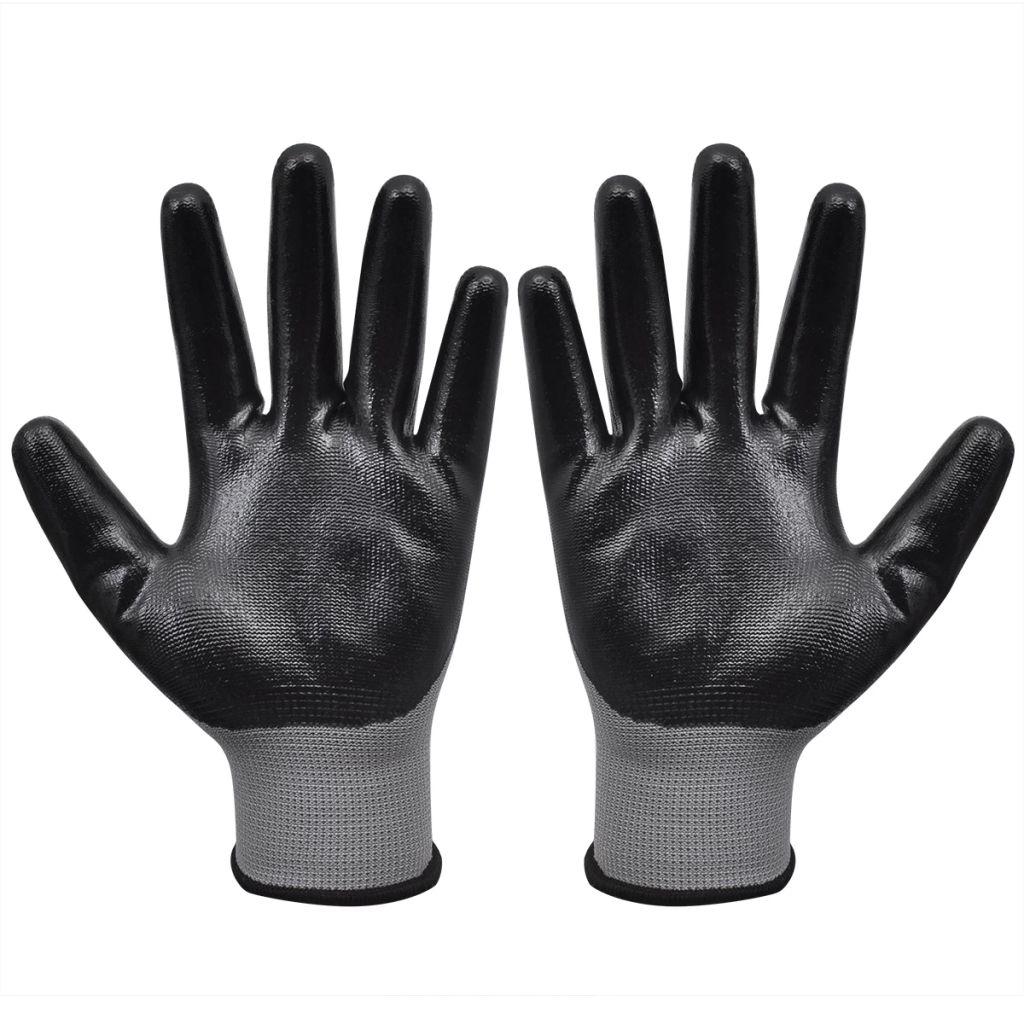 Работни ръкавици, от нитрил, 24 чифта, сиво и черно, размер 9/L