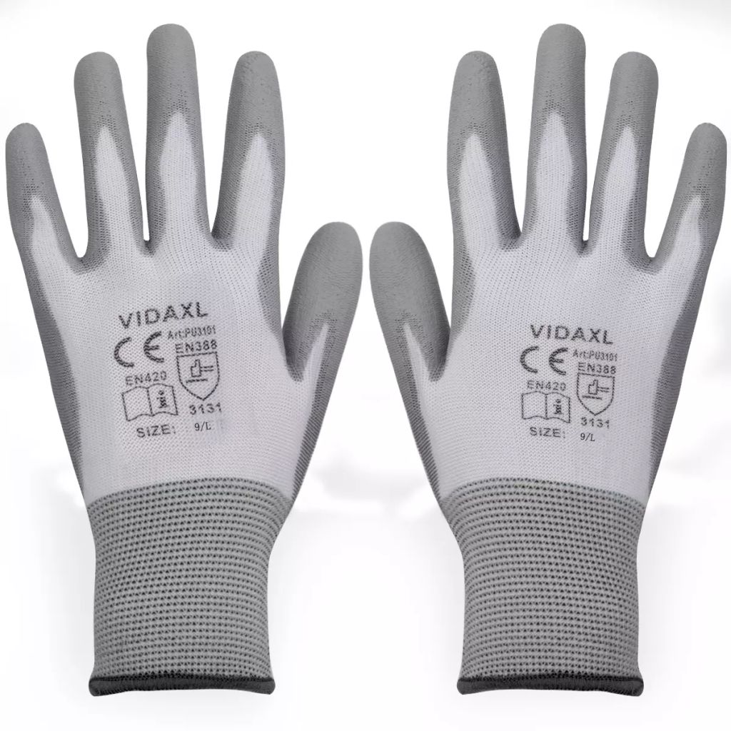 Работни ръкавици, PU, 24 чифта, бяло и сиво, размер 9 / L