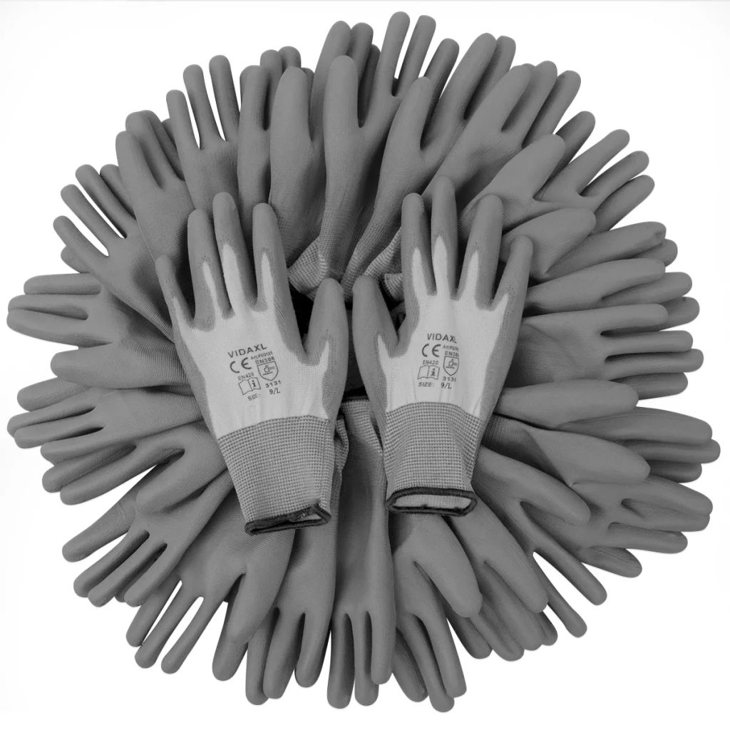 Работни ръкавици, PU, 24 чифта, бяло и сиво, размер 9 / L