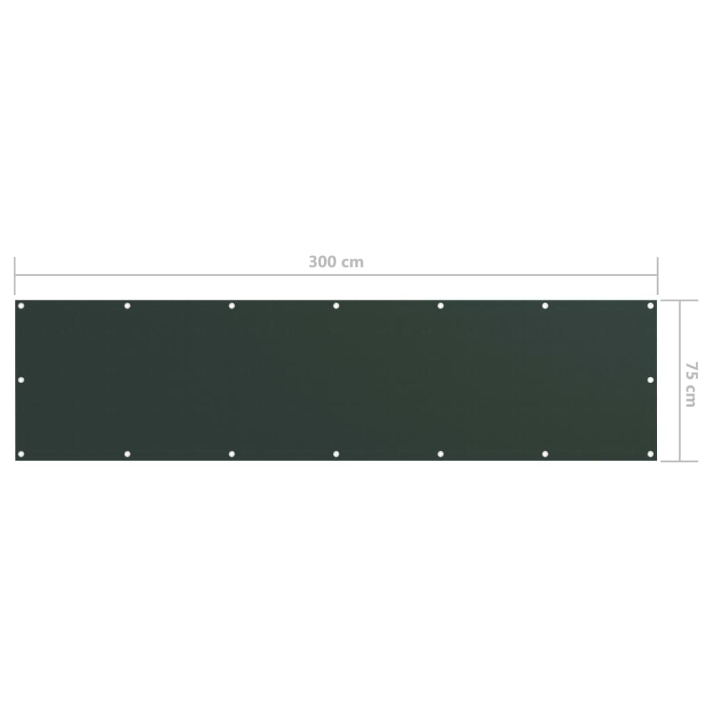 Балконски параван, тъмнозелен, 75x300 см, плат оксфорд