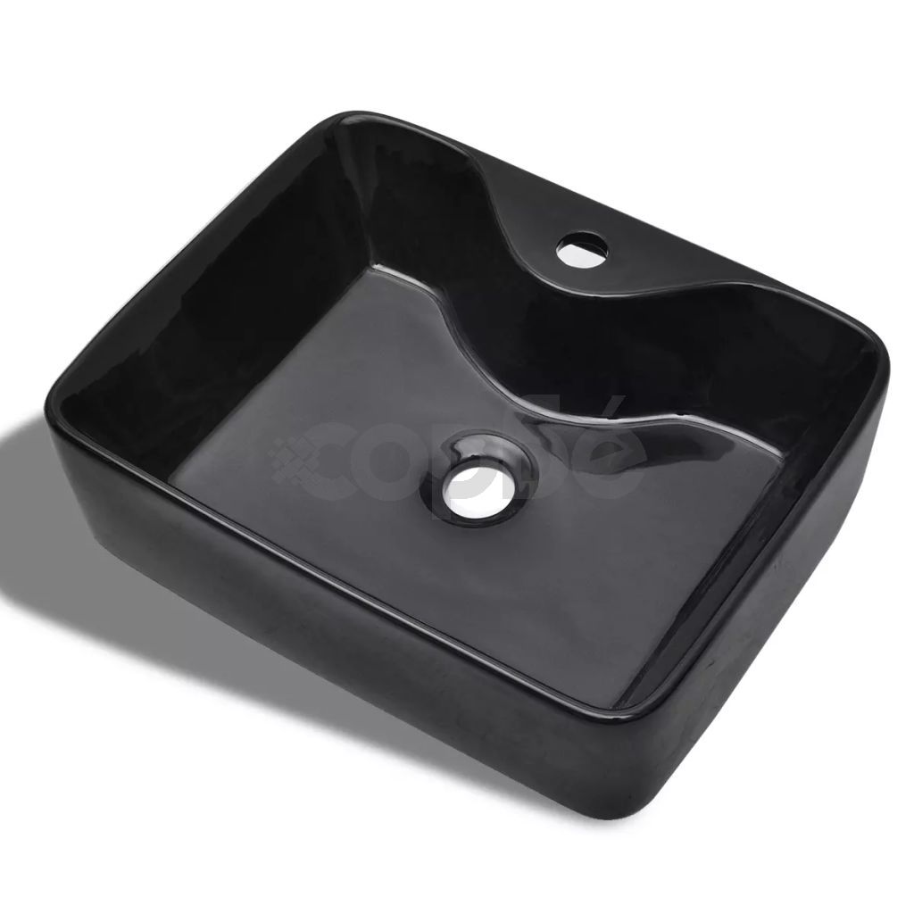 Керамична мивка с отвор за смесител, черна, квадратна 