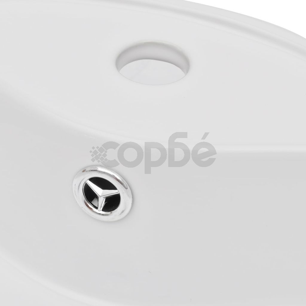 Керамична кръгла мивка с корито, преливник и отвор за смесител, бяла