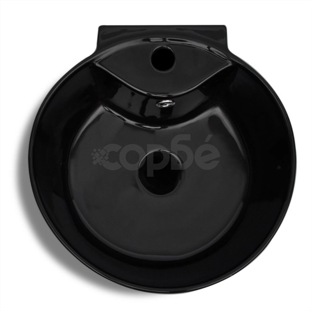Керамична мивка на стойка, преливник, отвор за смесител, черна, кръгла