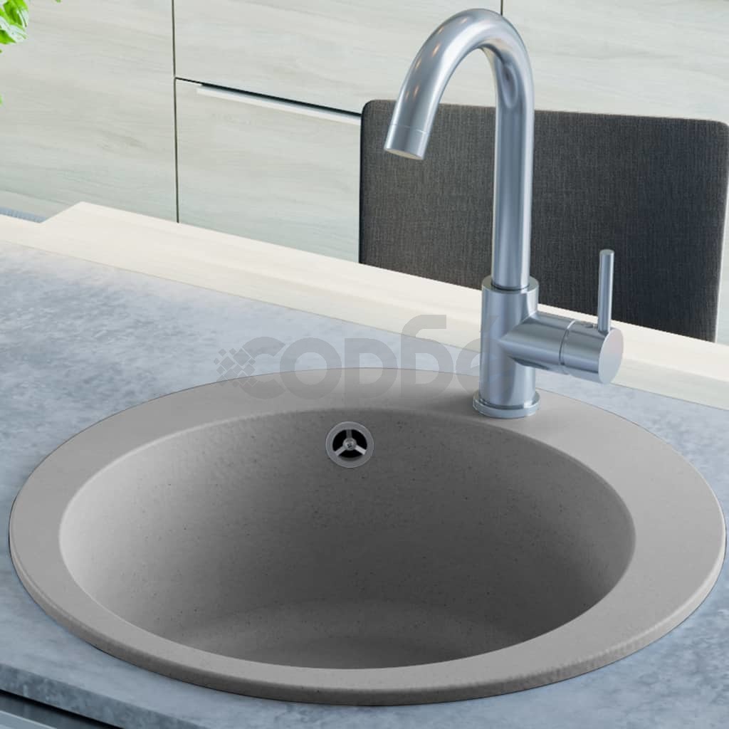 Гранитна кухненска мивка с едно корито, кръгла, сива 
