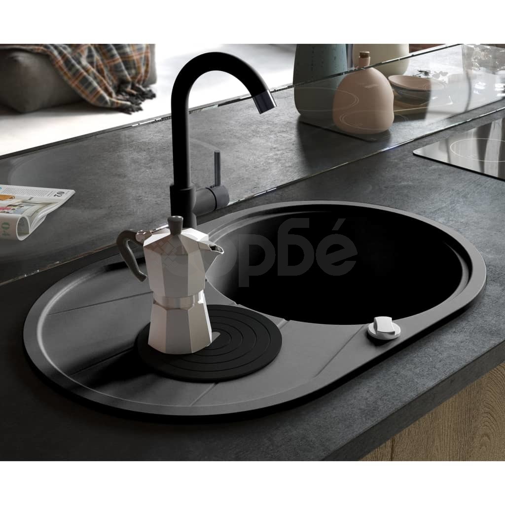Гранитна кухненска мивка с едно корито, овална, черна 