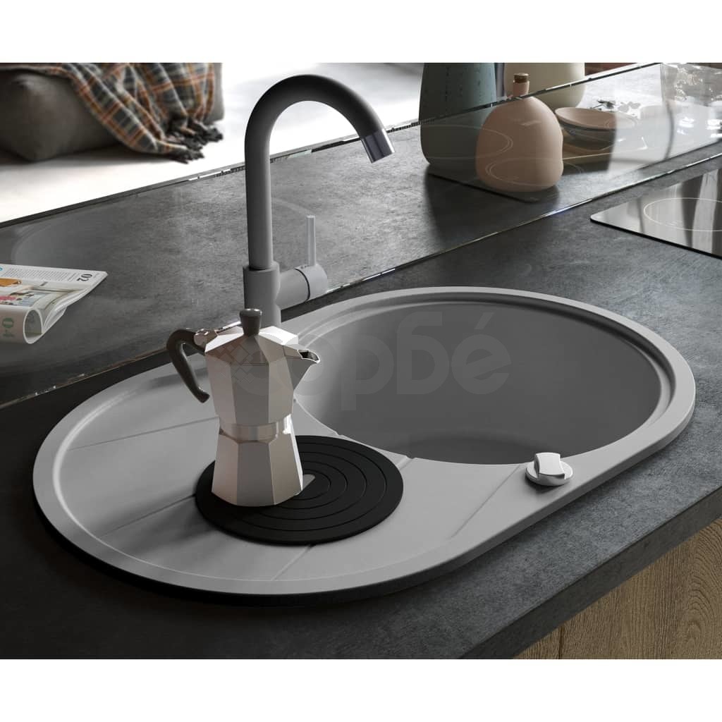 Гранитна кухненска мивка с едно корито, овална, сива