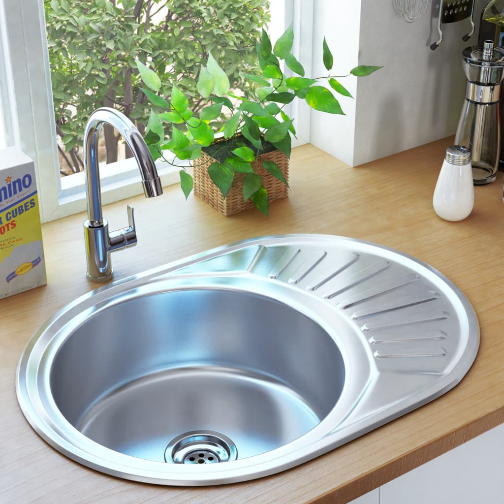 Кухненска мивка с цедка и сифон, овална, неръждаема стомана