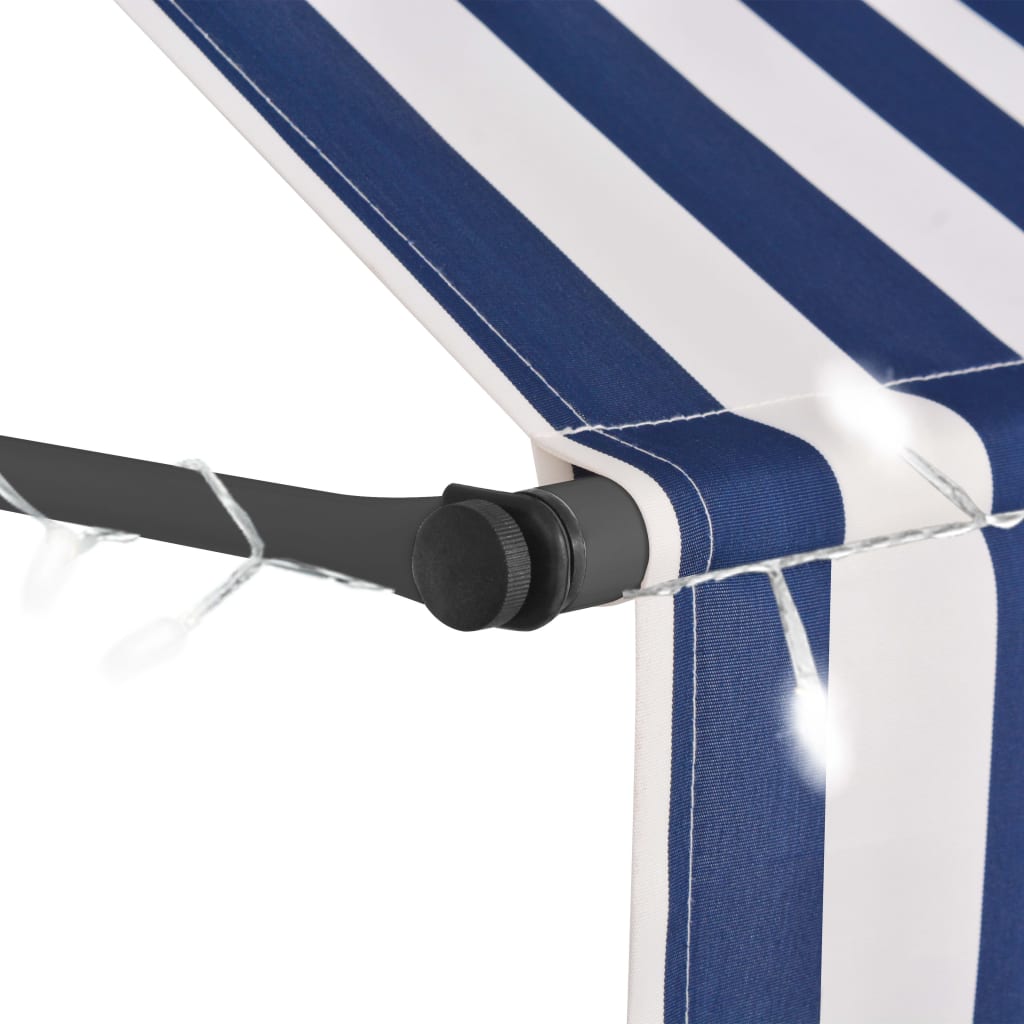 Ръчно прибиращ се сенник с LED, 100 см, синьо и бяло