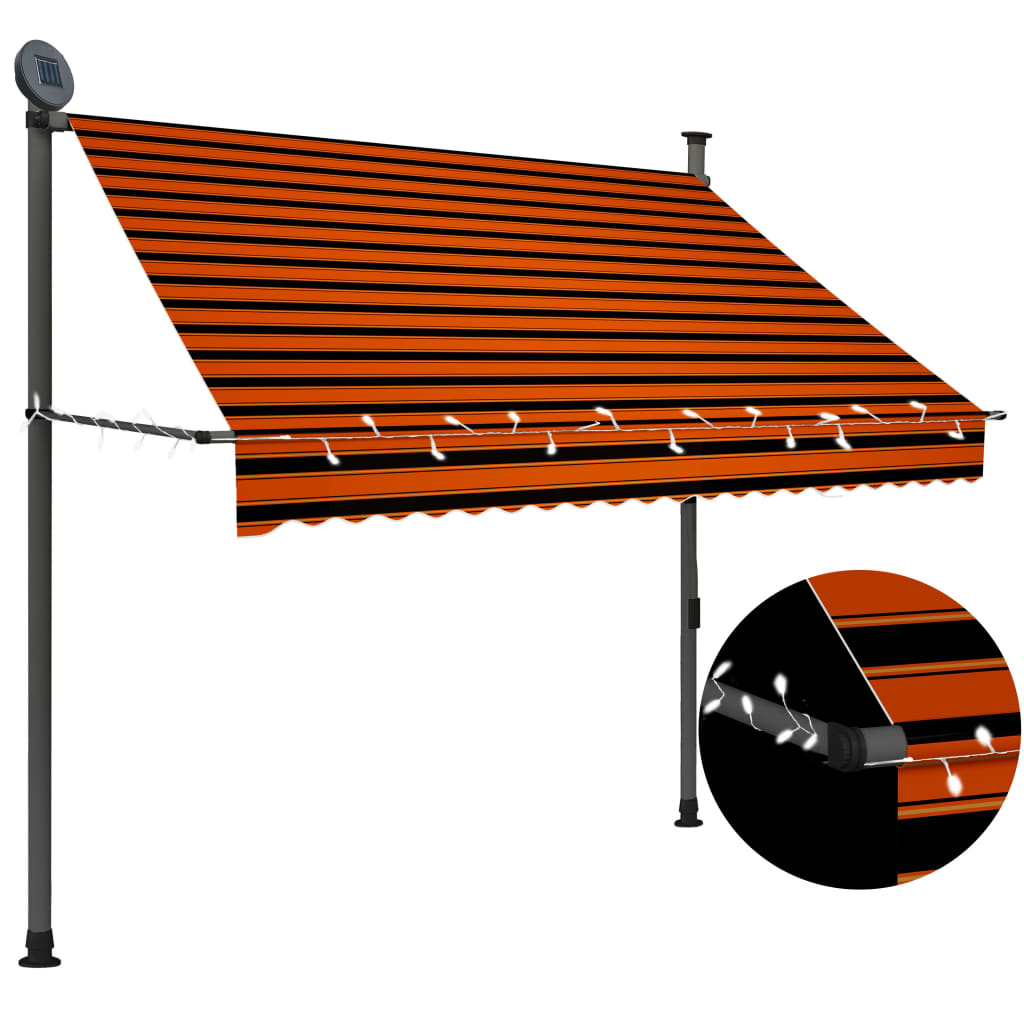 Ръчно прибиращ се сенник с LED, 200 см, оранжево и кафяво