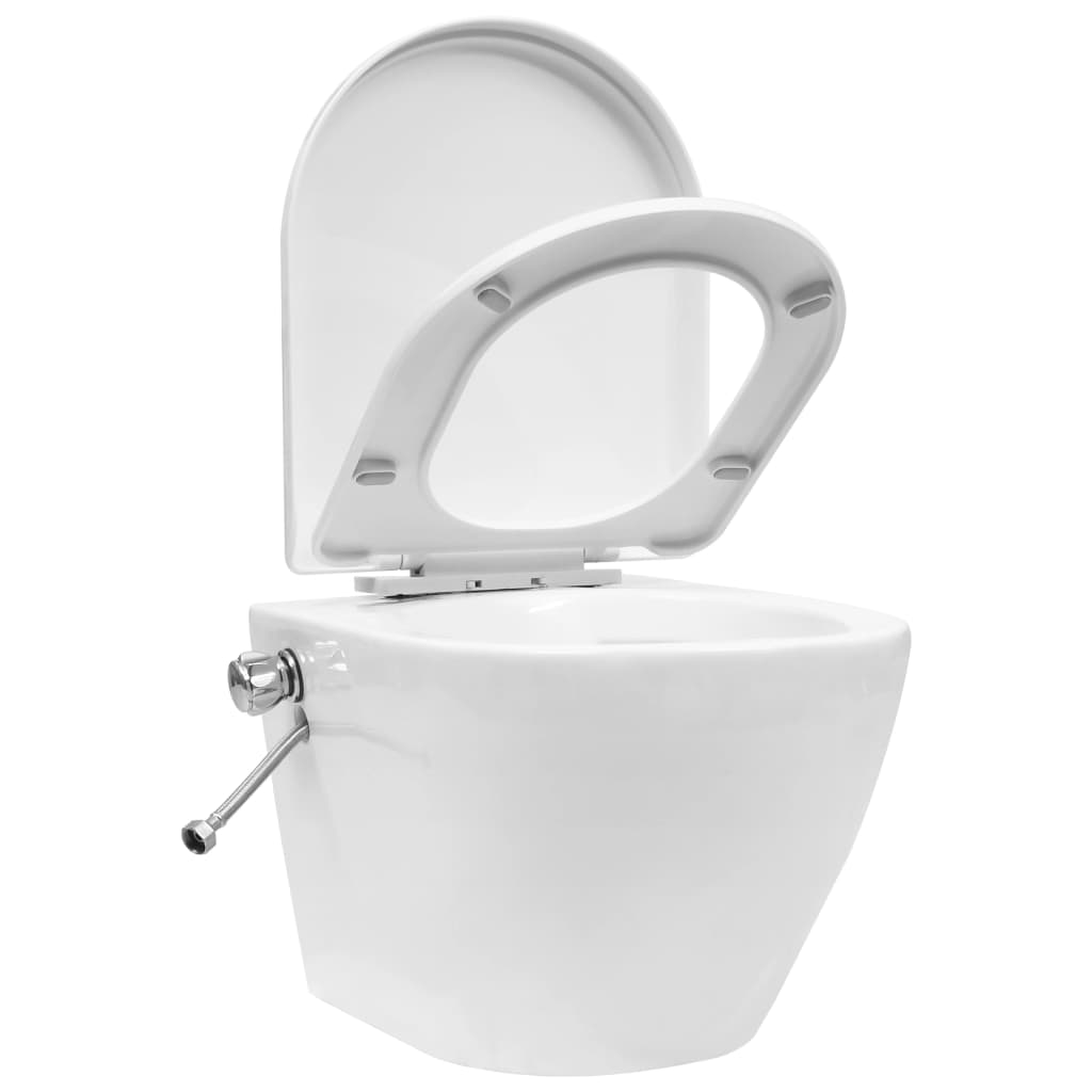 Окачена тоалетна чиния без ръб с функция биде, керамична, бяла