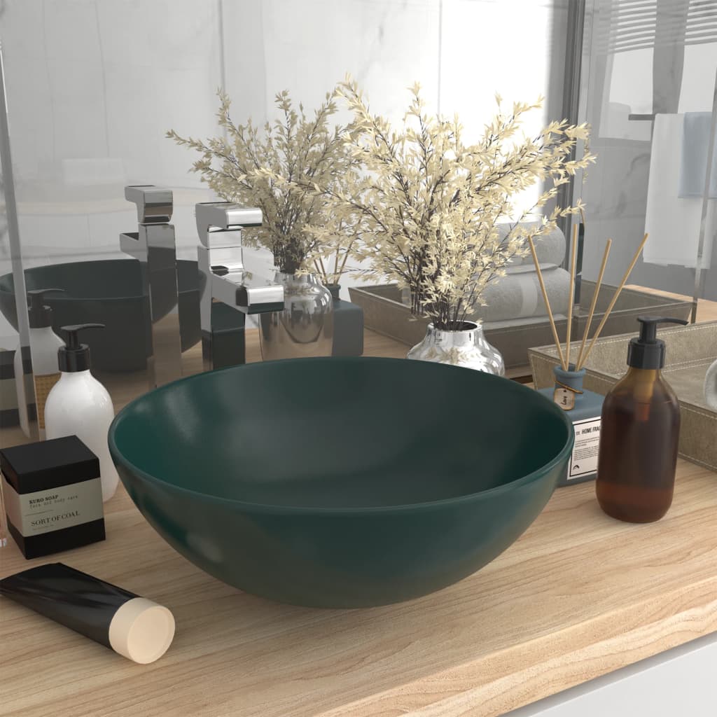 Керамична мивка за баня, тъмнозелена, кръгла