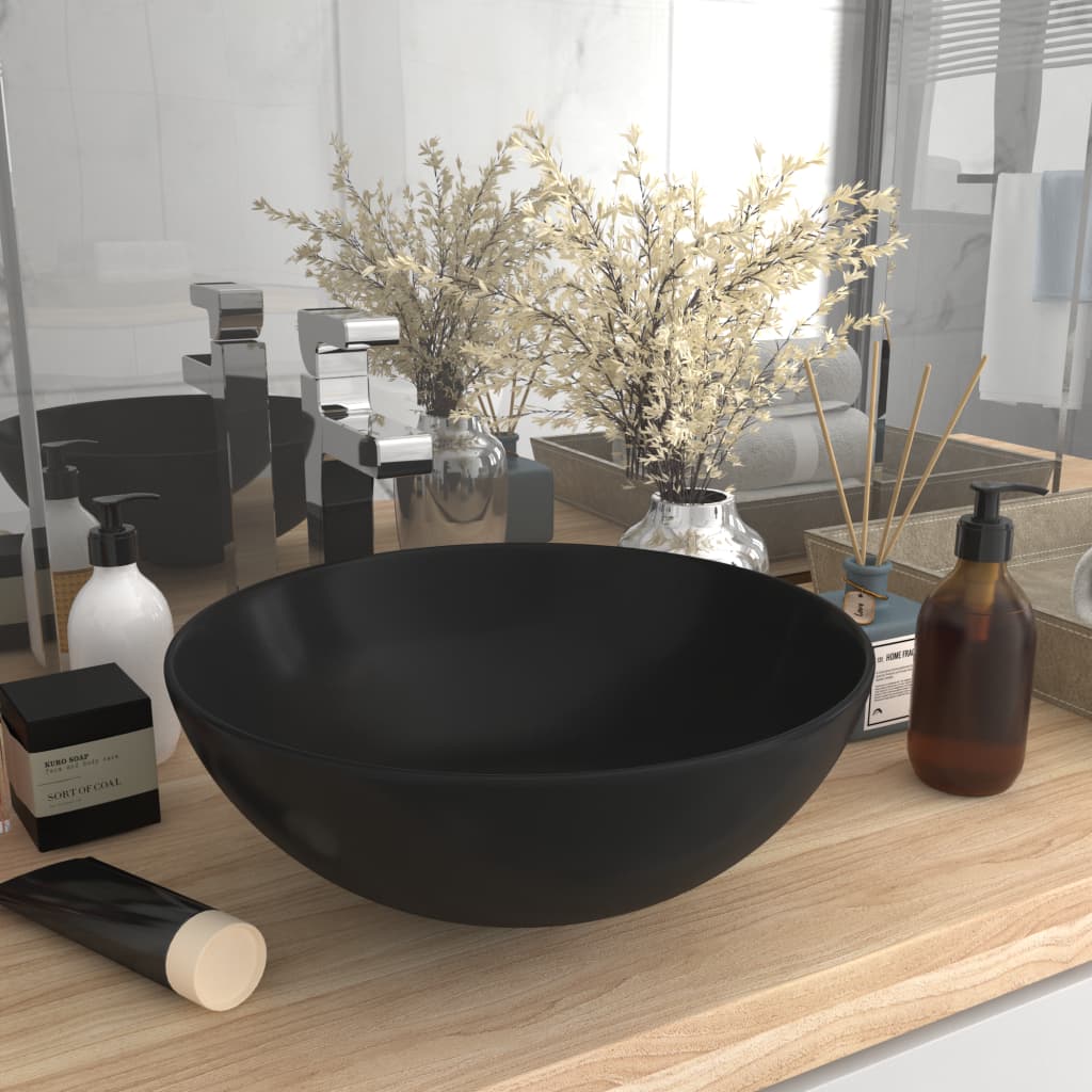Керамична мивка за баня, матово черна, кръгла