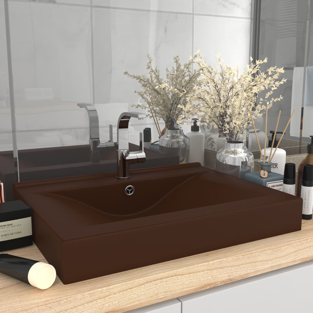 Луксозна мивка с отвор за кран тъмнокафяв мат 60x46 см керамика