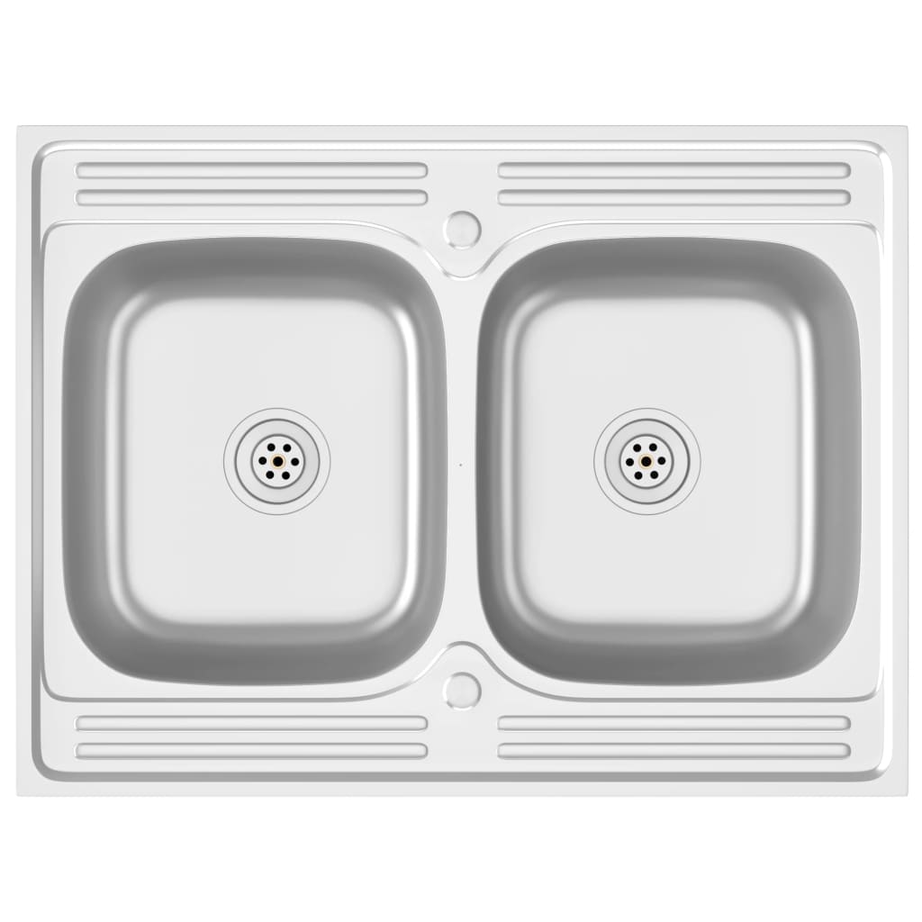 Кухненска мивка с две корита, сребриста, 800x600x155 мм, инокс