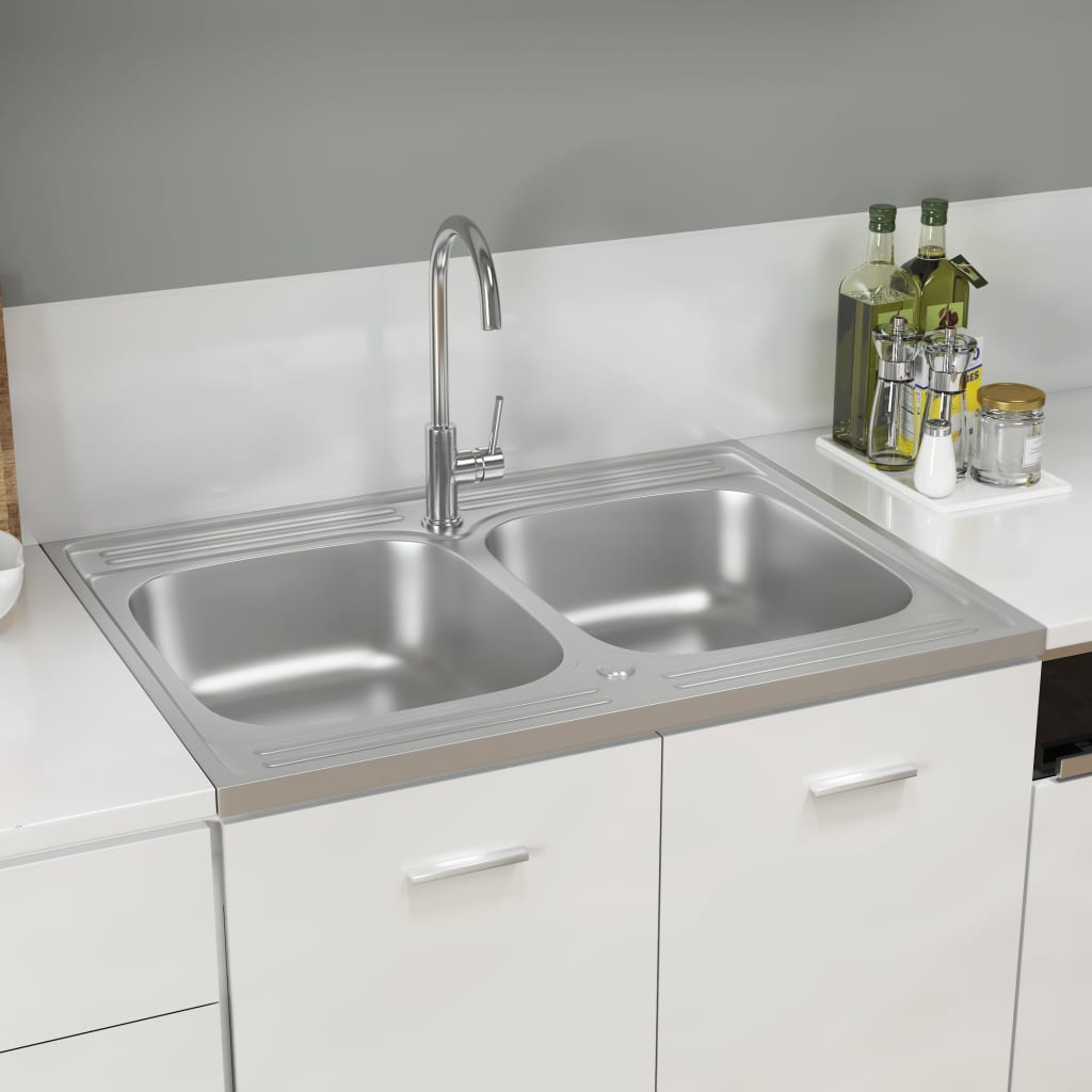 Кухненска мивка с две корита, сребриста, 800x600x155 мм, инокс
