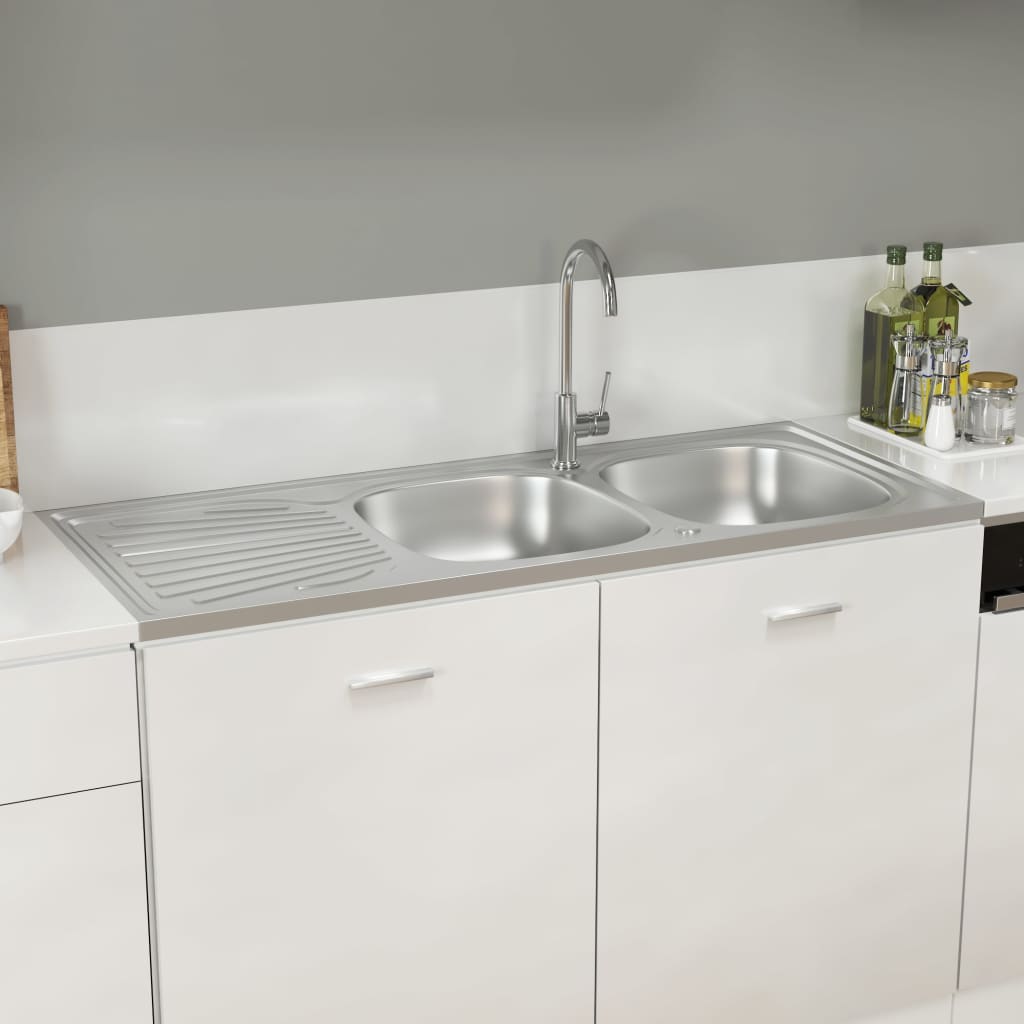 Кухненска мивка с две корита, сребриста, 1200x500x155 мм, инокс