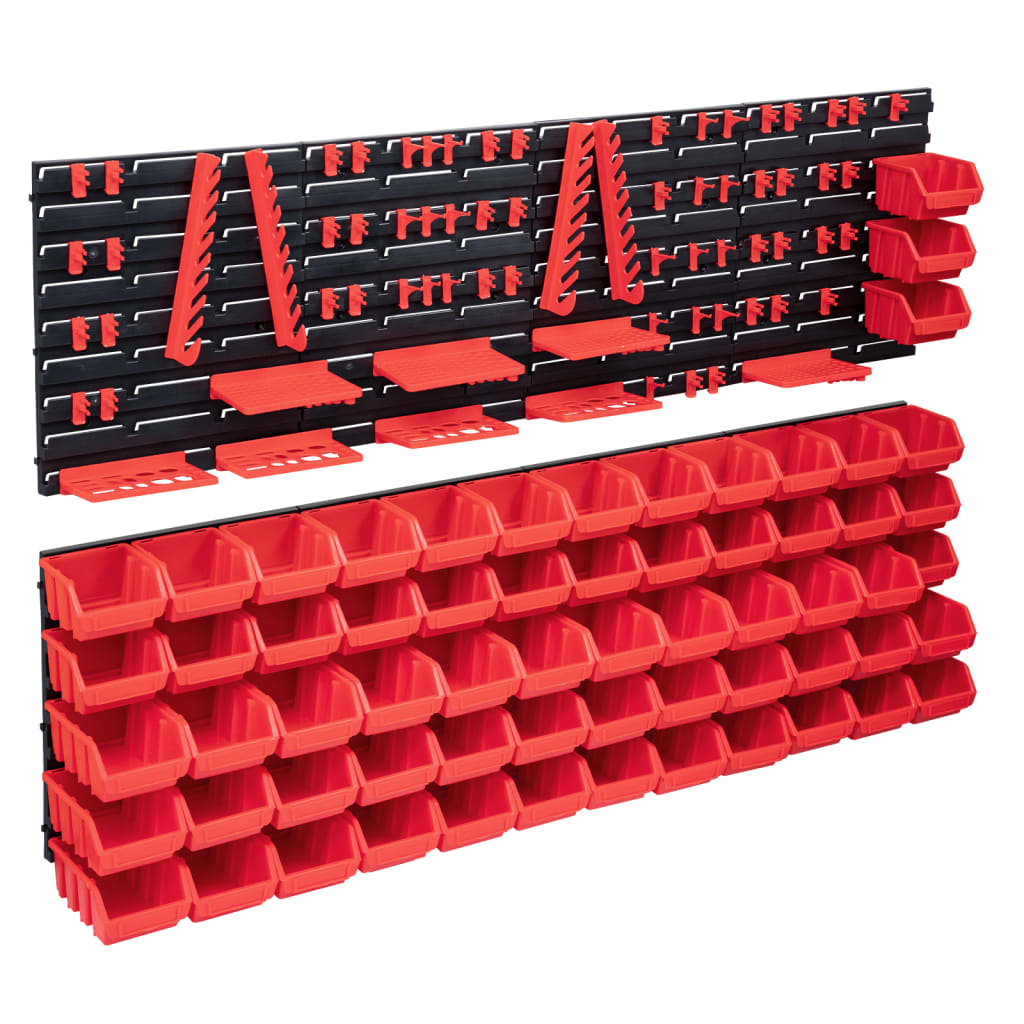 Стенен органайзер със 141 бр кутии за инструменти червено-черно