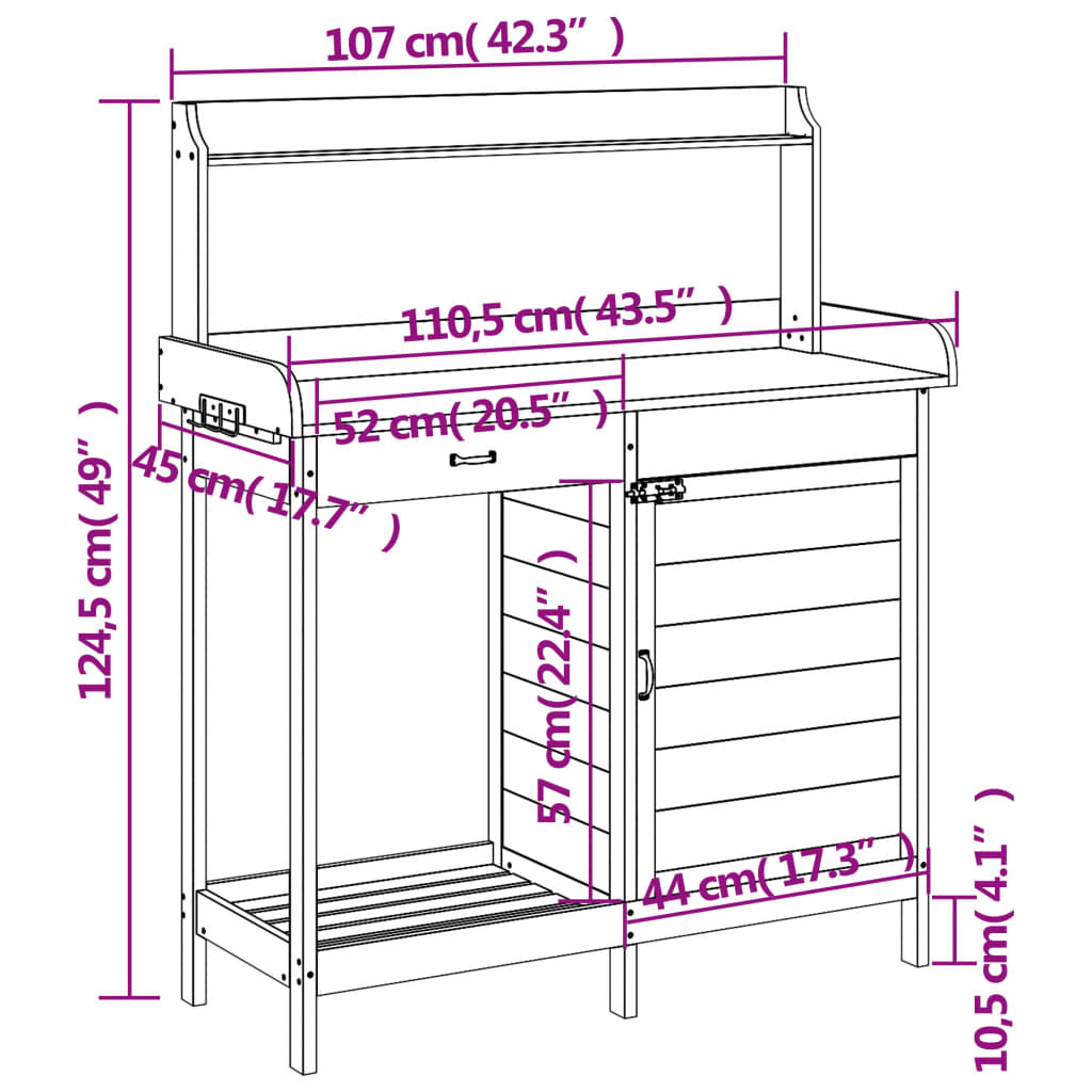 Маса за разсаждане с шкаф кафява 110,5x45x124,5 см масивна ела