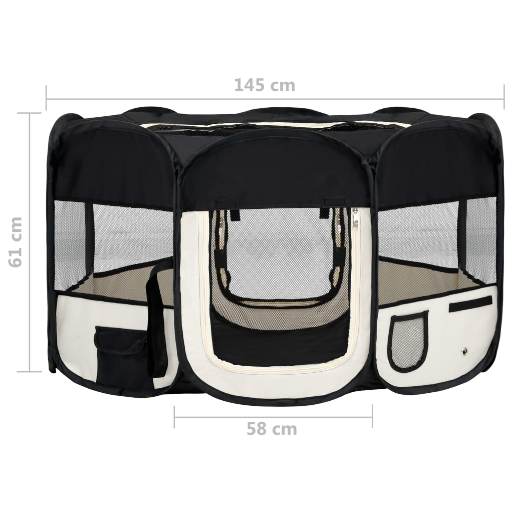 Сгъваема кучешка кошара с чанта за носене, черна, 145x145x61 см