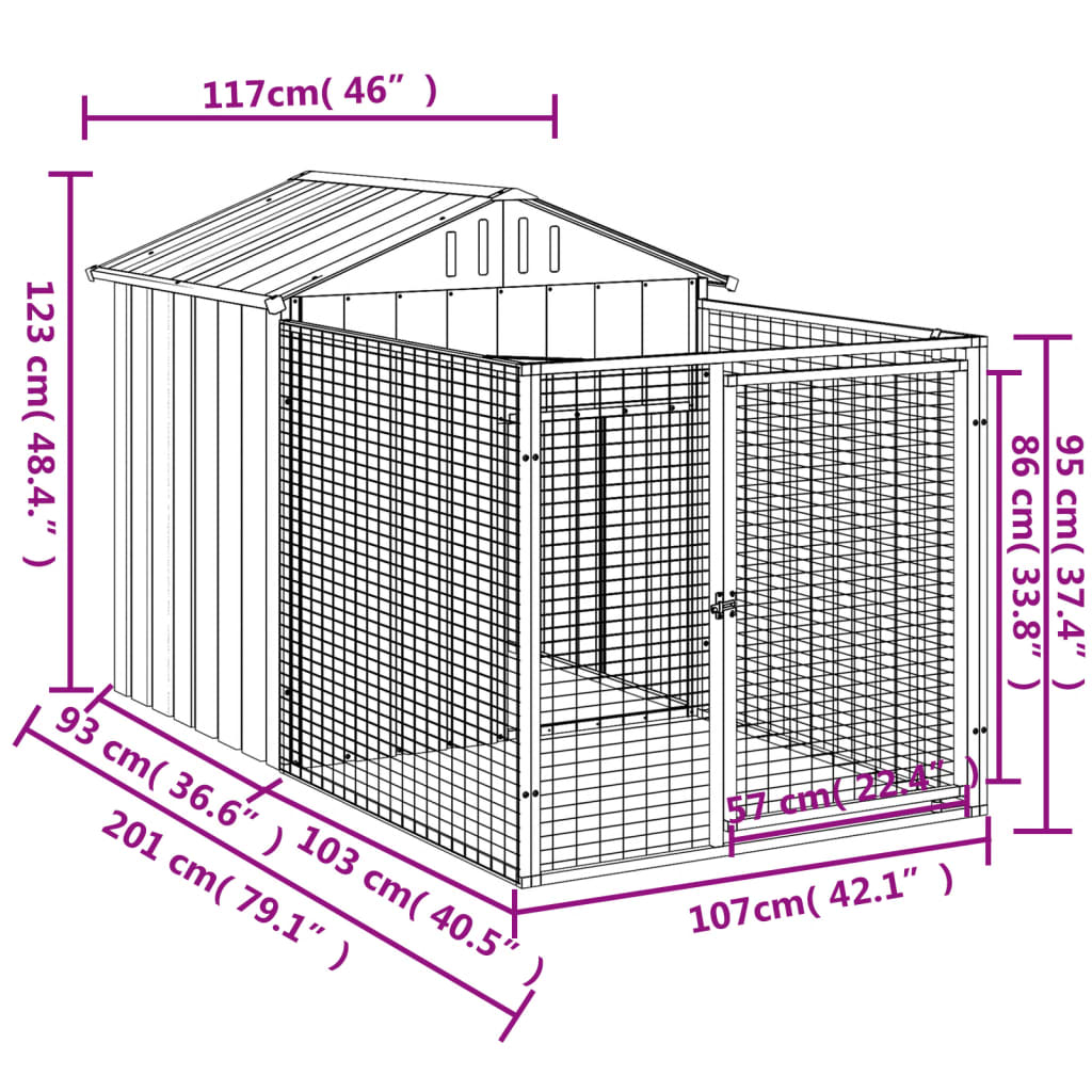 Кучешка къща с волиера, антрацит, 117x201x123 см, стомана