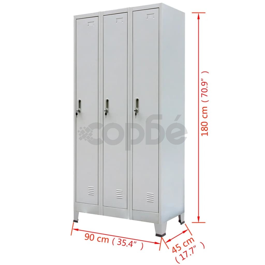 Заключващ се шкаф с 3 отделения, стомана, 90x45x180 cм, сив