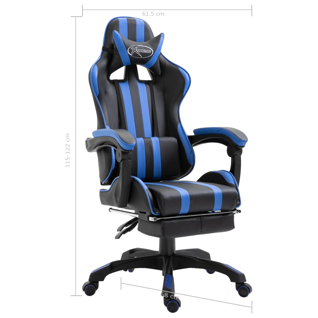Геймърски стол с подложка за крака, синьо, изкуствена кожа