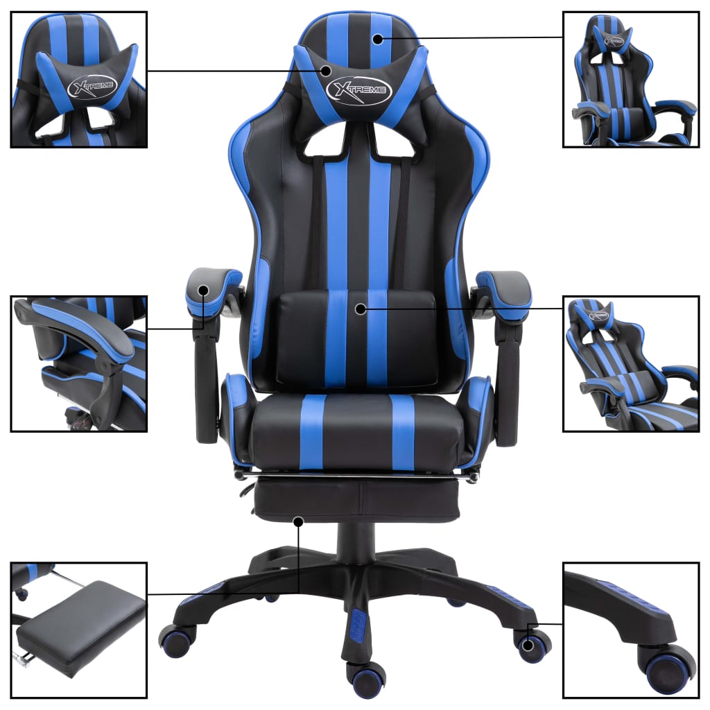 Геймърски стол с подложка за крака, синьо, изкуствена кожа