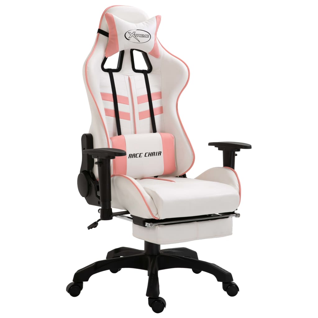 Геймърски стол с подложка за крака, розово, изкуствена кожа