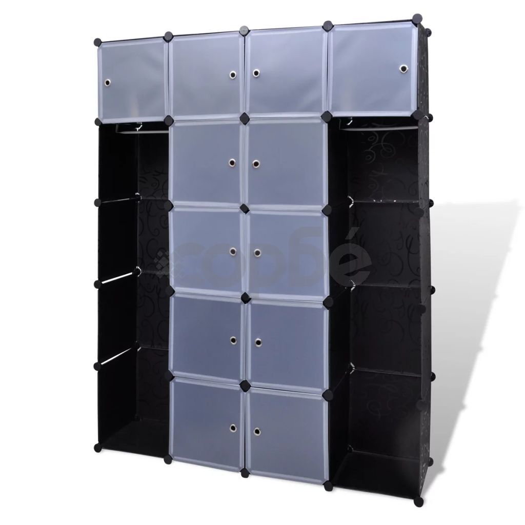 Модулен гардероб с 14 отделения, черно-бял, 37x146x180,5 см
