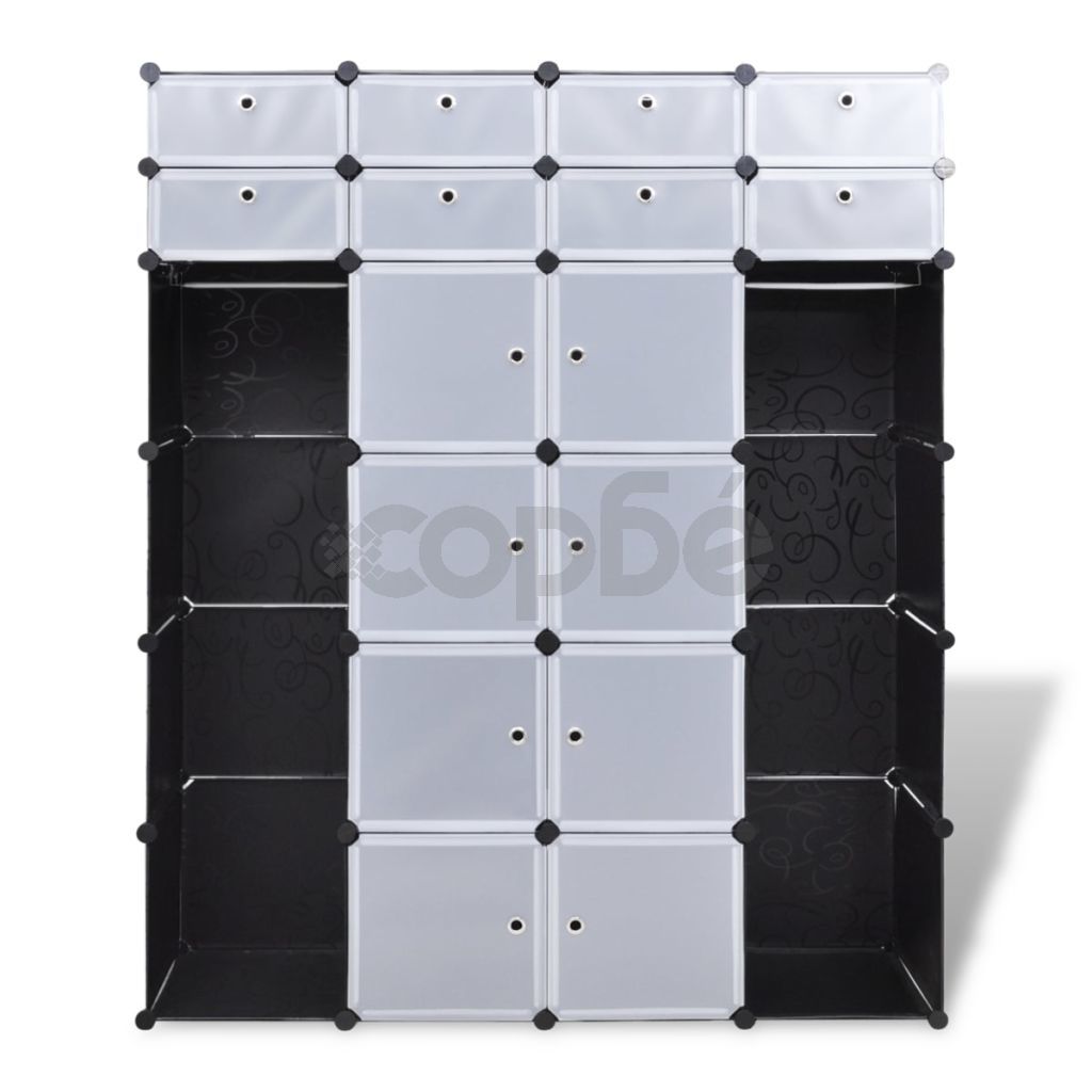 Модулен гардероб с 18 отделения, черно-бял, 37x146x180,5 см