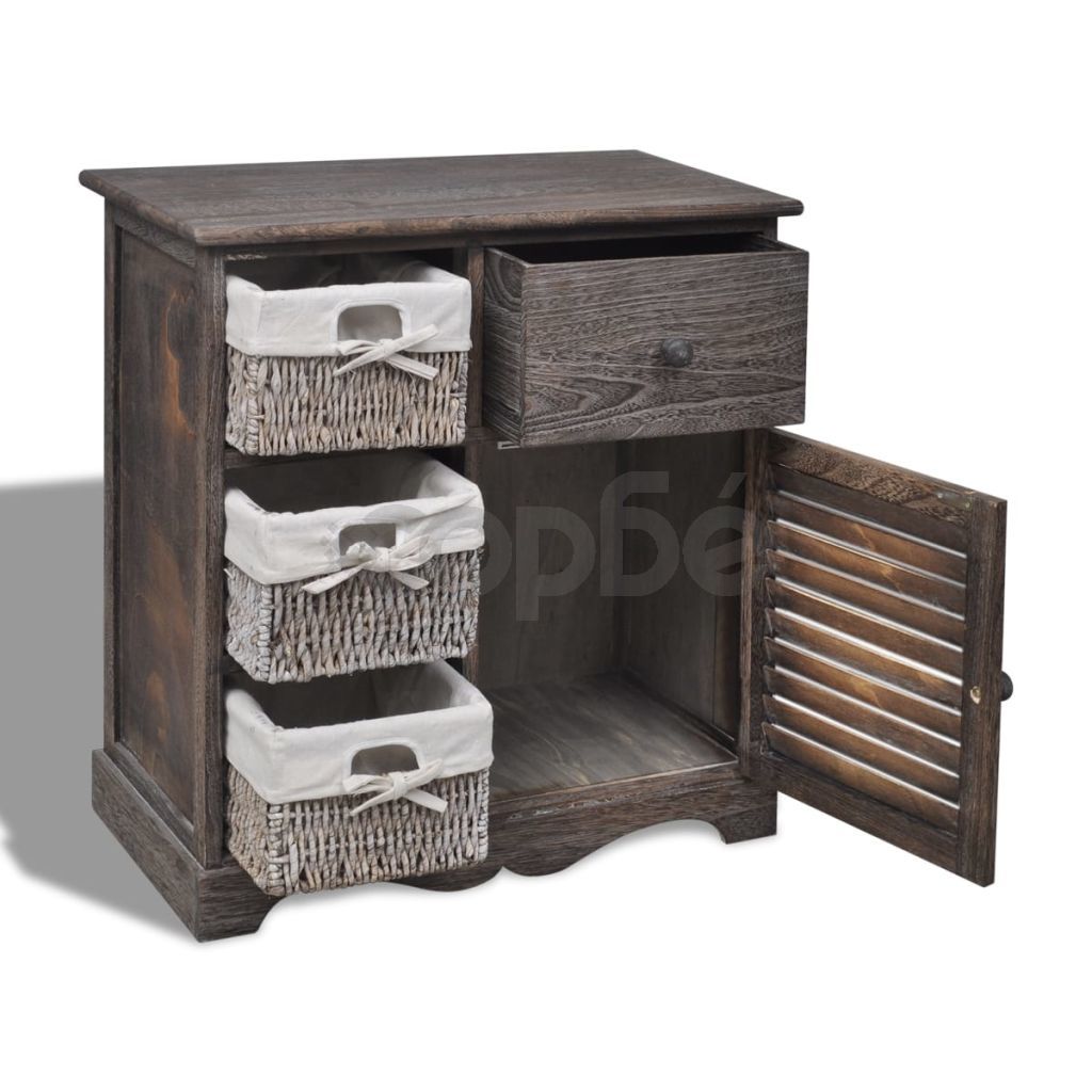 Кафяв дървен шкаф с три плетени кошници 