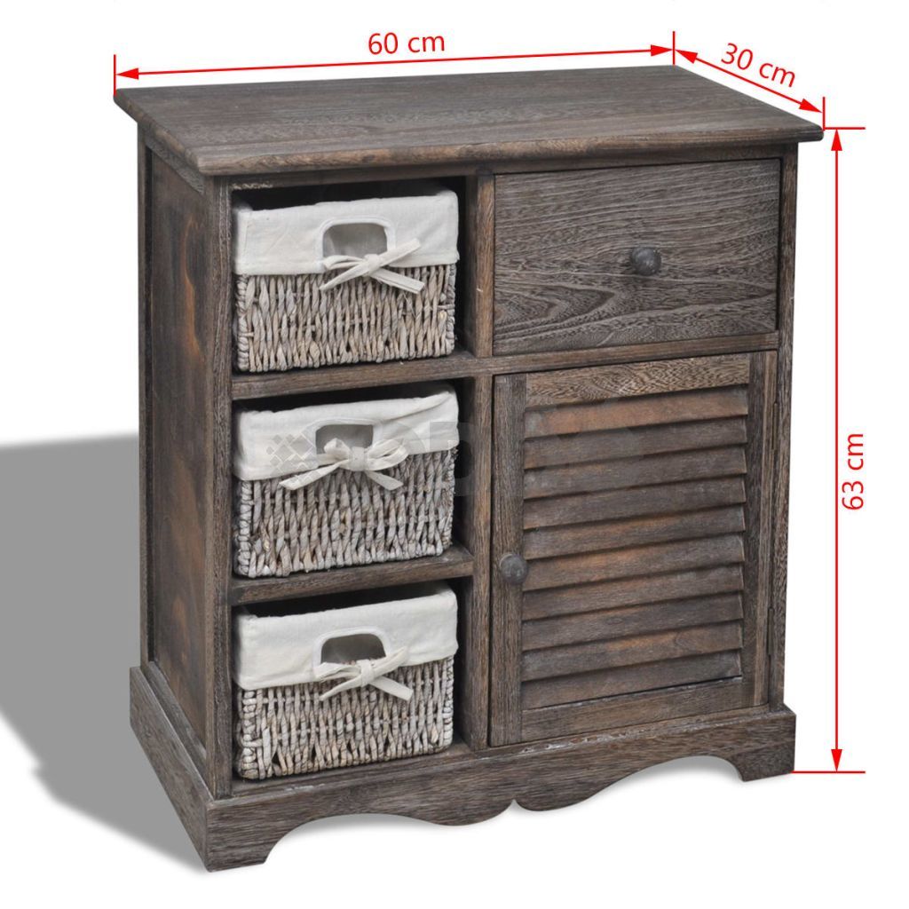 Кафяв дървен шкаф с три плетени кошници 