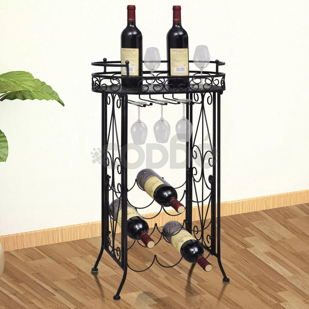 Метална стойка за вино с табла и поставки за чаши - 9 бутилки 