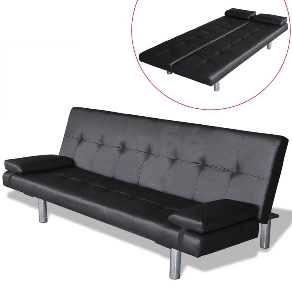 Разтегателен диван с две възглавници, изкуствена кожа, черен  
