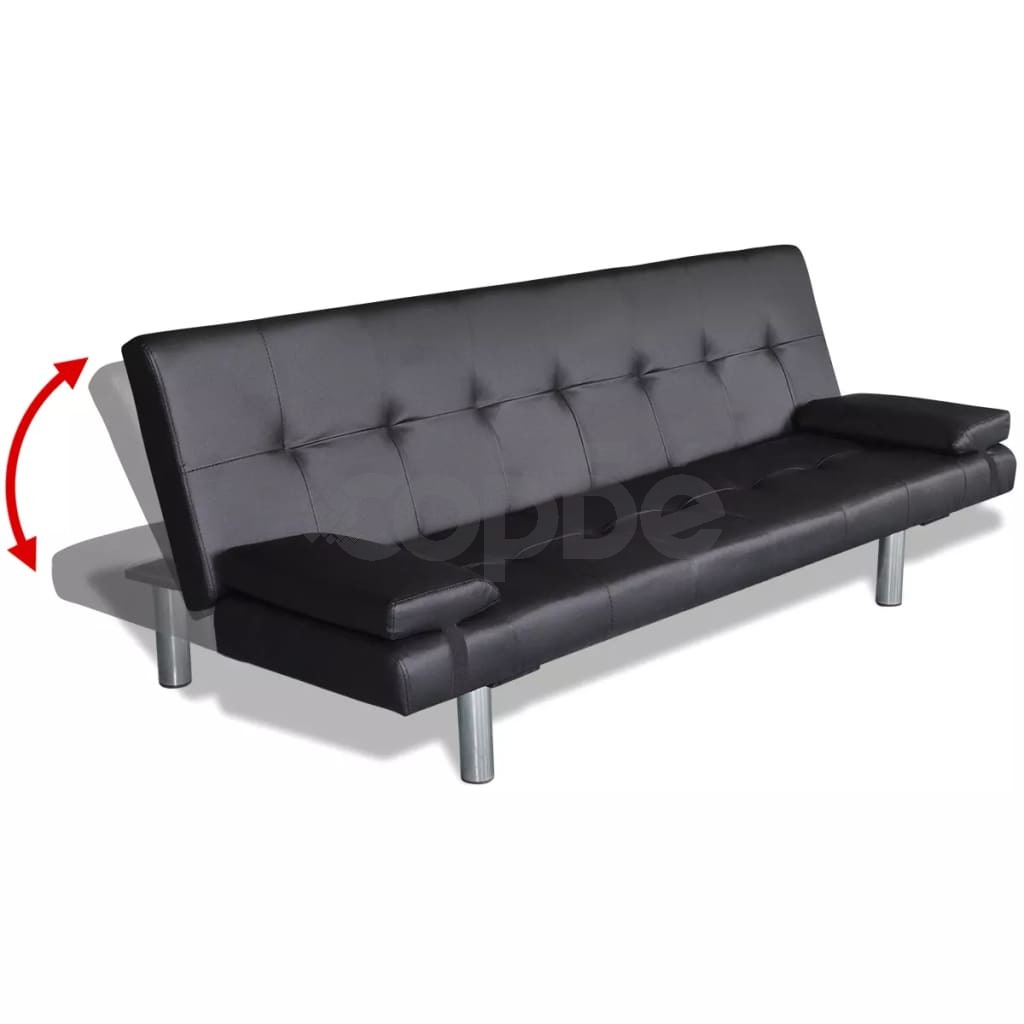 Разтегателен диван с две възглавници, изкуствена кожа, черен  