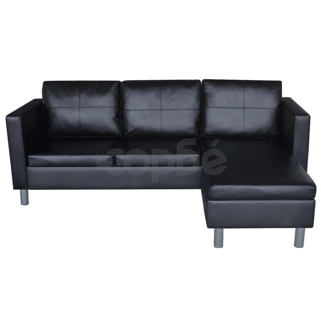 Триместен L-образен диван, изкуствена кожа, черен   
