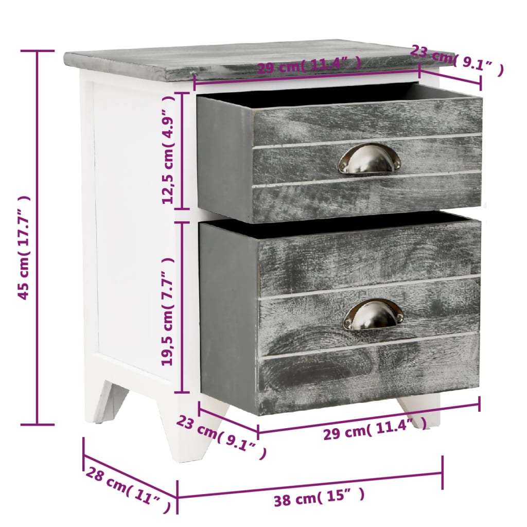 Нощно шкафче с 2 чекмеджета, 2 бр, сиво и бяло 