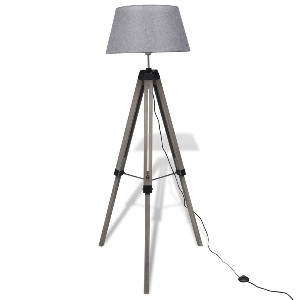 Подова лампа с регулируем дървен трипод и абажур от сив плат