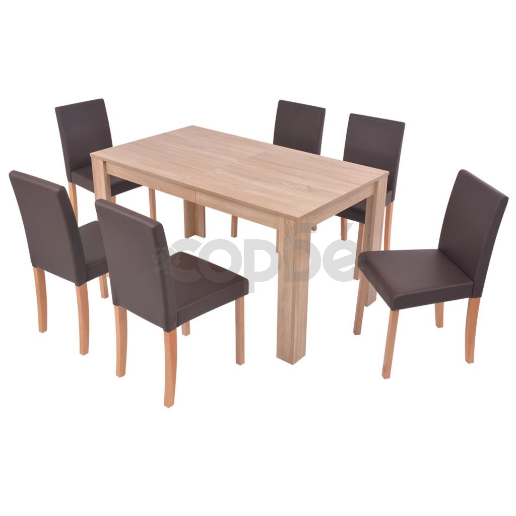 Трапезна маса и столове, 7 части, изкуствена кожа, дъб, кафяво