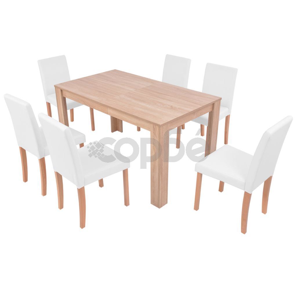 Трапезна маса и столове, 7 части, изкуствена кожа, дъб, кремаво
