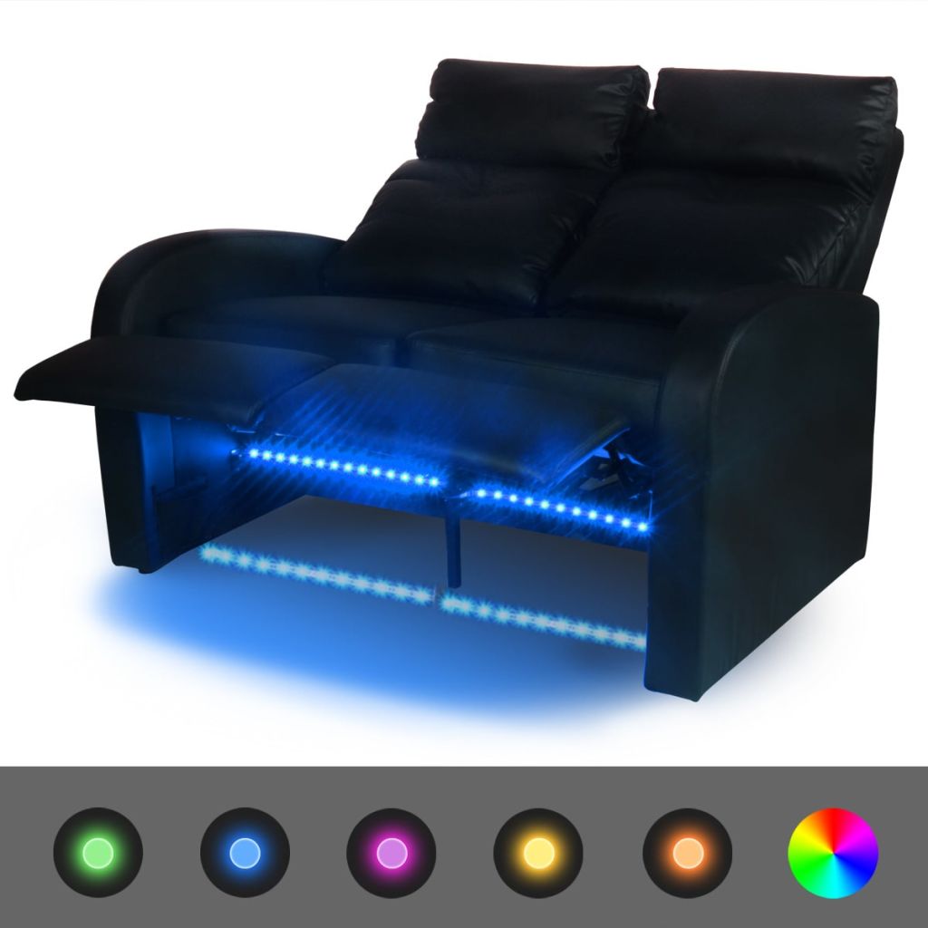 LED диван реклайнер, 2-местен, изкуствена кожа, черен 