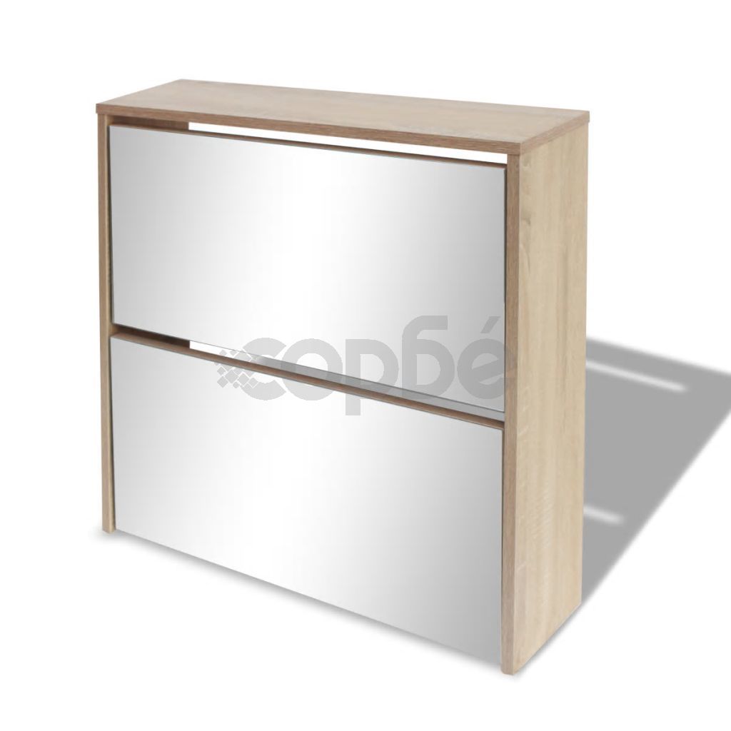 Шкаф за обувки с двойно огледало, дъб, 63x17x67 cм 